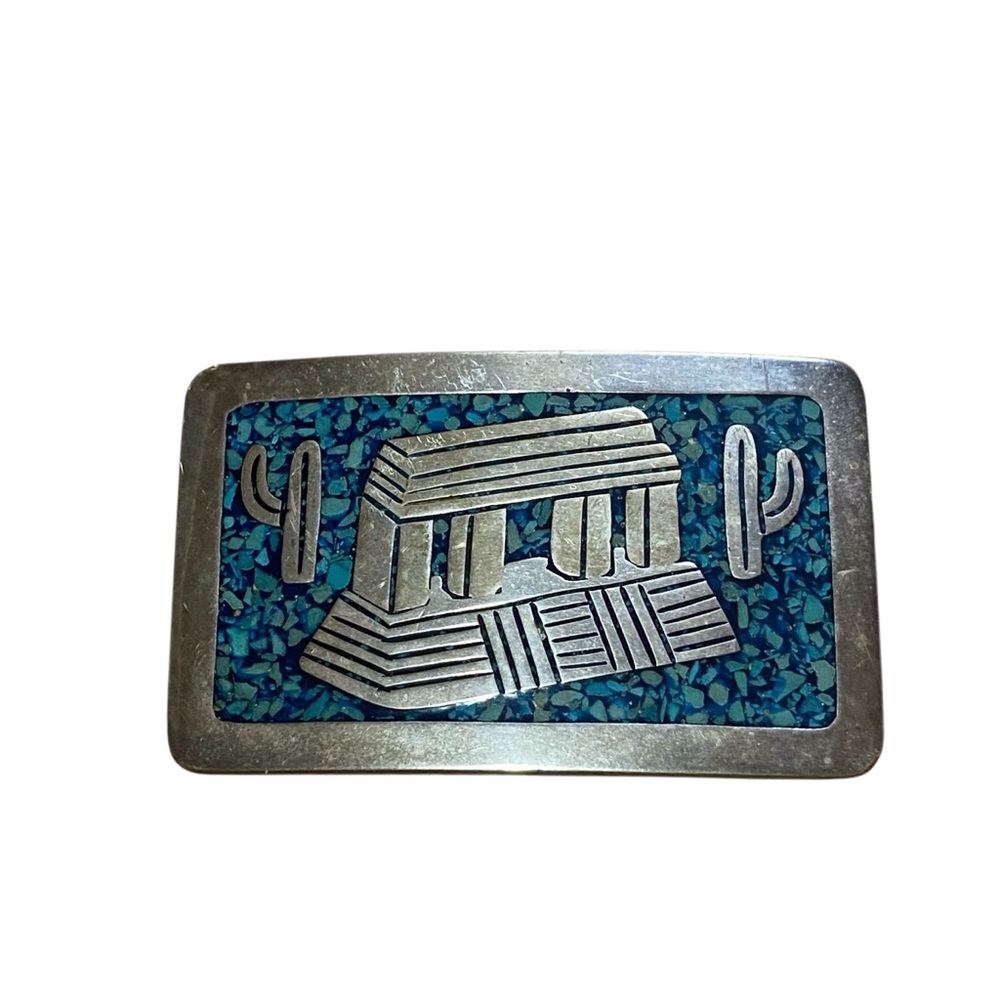 Vintage Mexican Sterling Silver Turquoise Inlay Belt Buckle - Picture 8 of 12